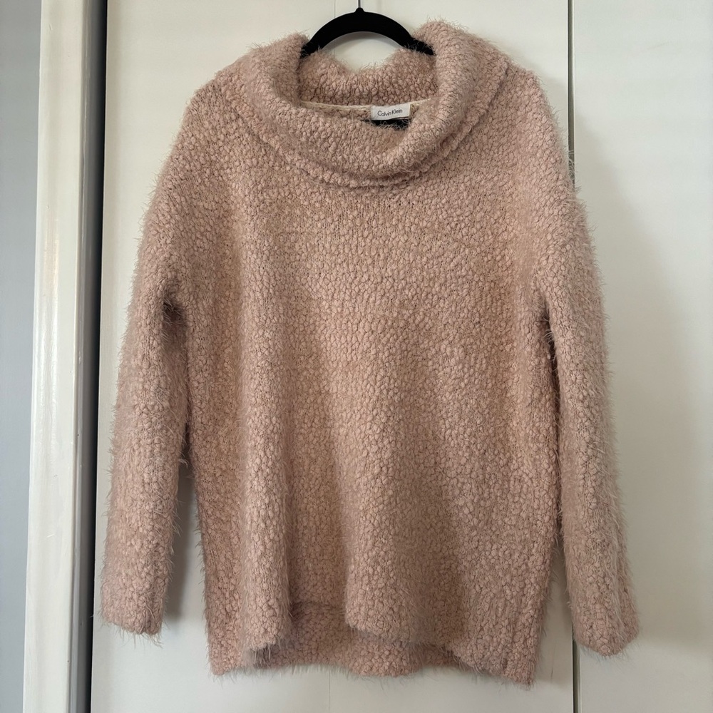 Calvin Klein Blush Pink Fuzzy Cowl Neck Sweater Large Plush Bouclé Knit